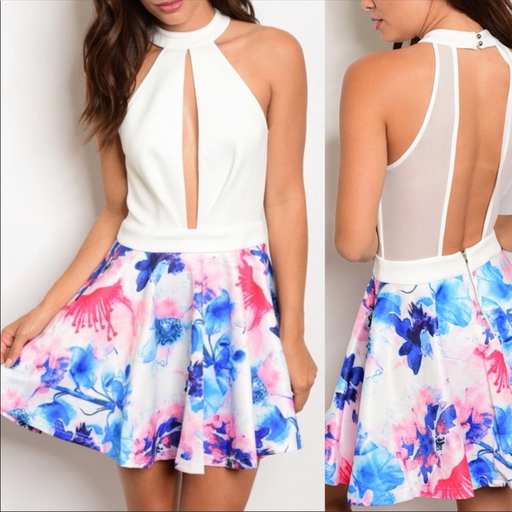 NWT FLORAL DRESS with Deep V & Mesh Back